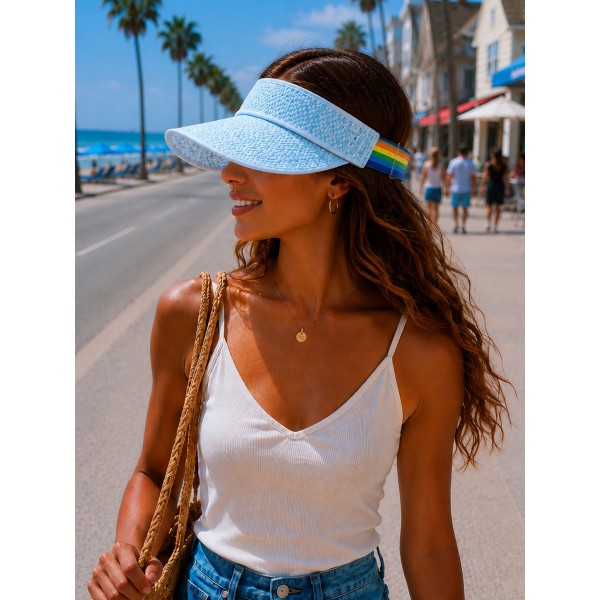 Straw Visor Hats - Straw w/ Cotton Lining And Elastic Band - HT-8405BL
